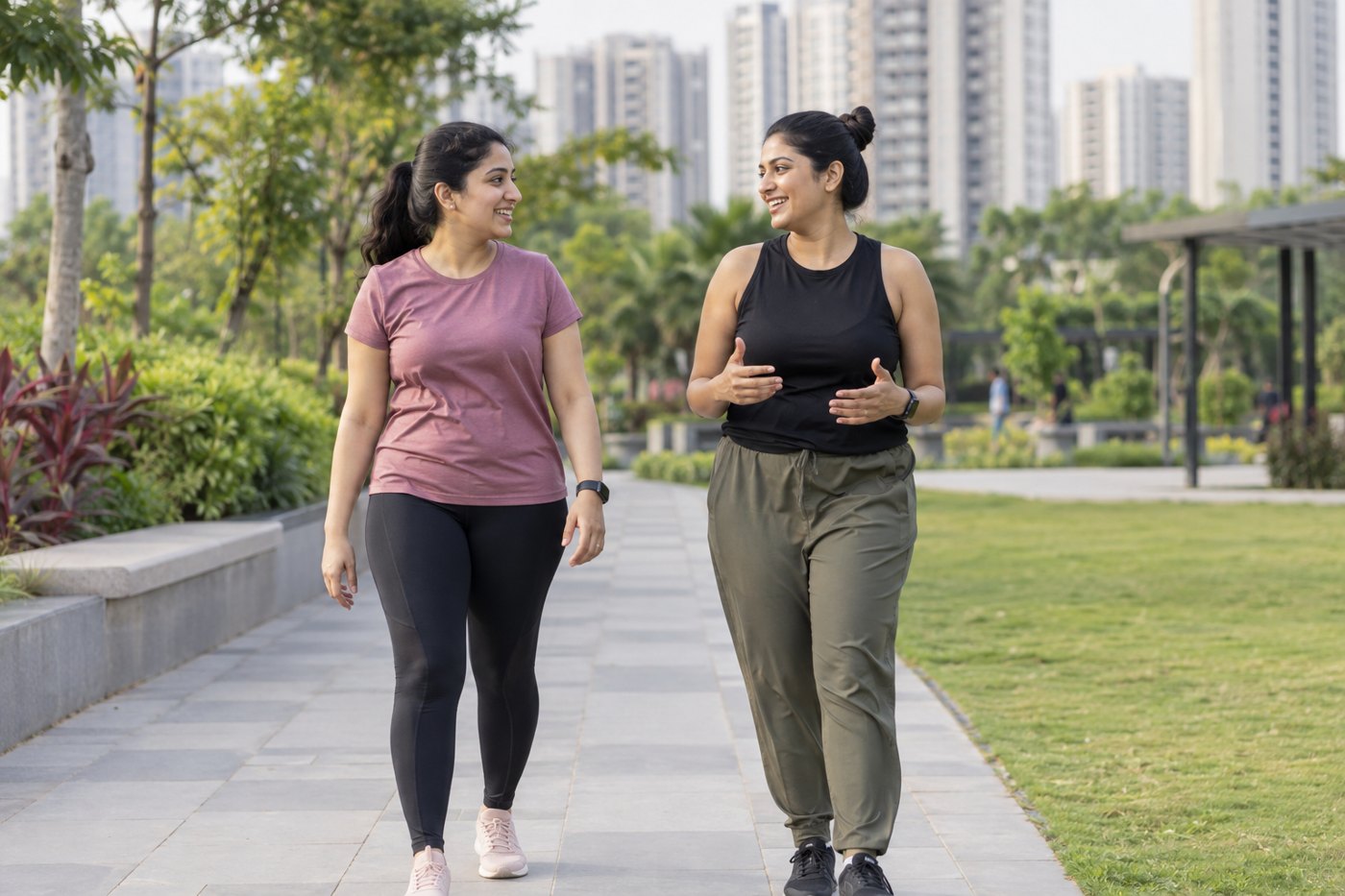 Two women walking together outdoors, in conversation