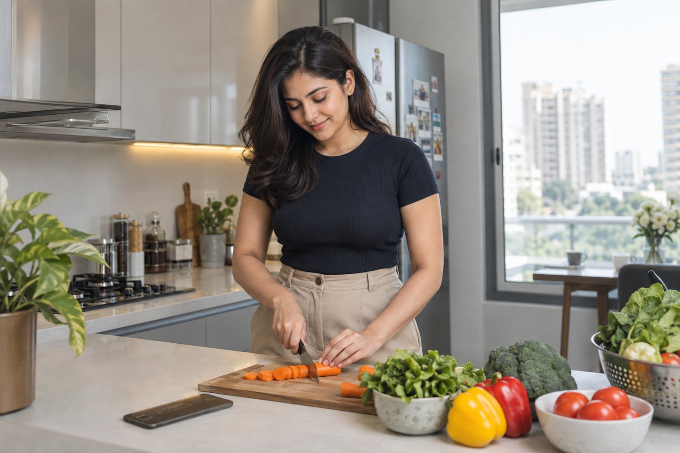 Woman preparing fresh vegetables in her kitchen